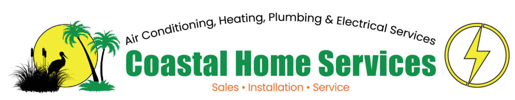 Logo for Coastal Home Services featuring a silhouette of palm trees and a bird against a yellow circle on the left, with a lightning bolt inside a circle on the right.