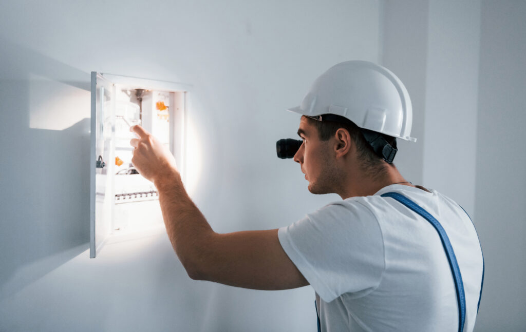 Young male electrician in white hard hat works indoors in the room.